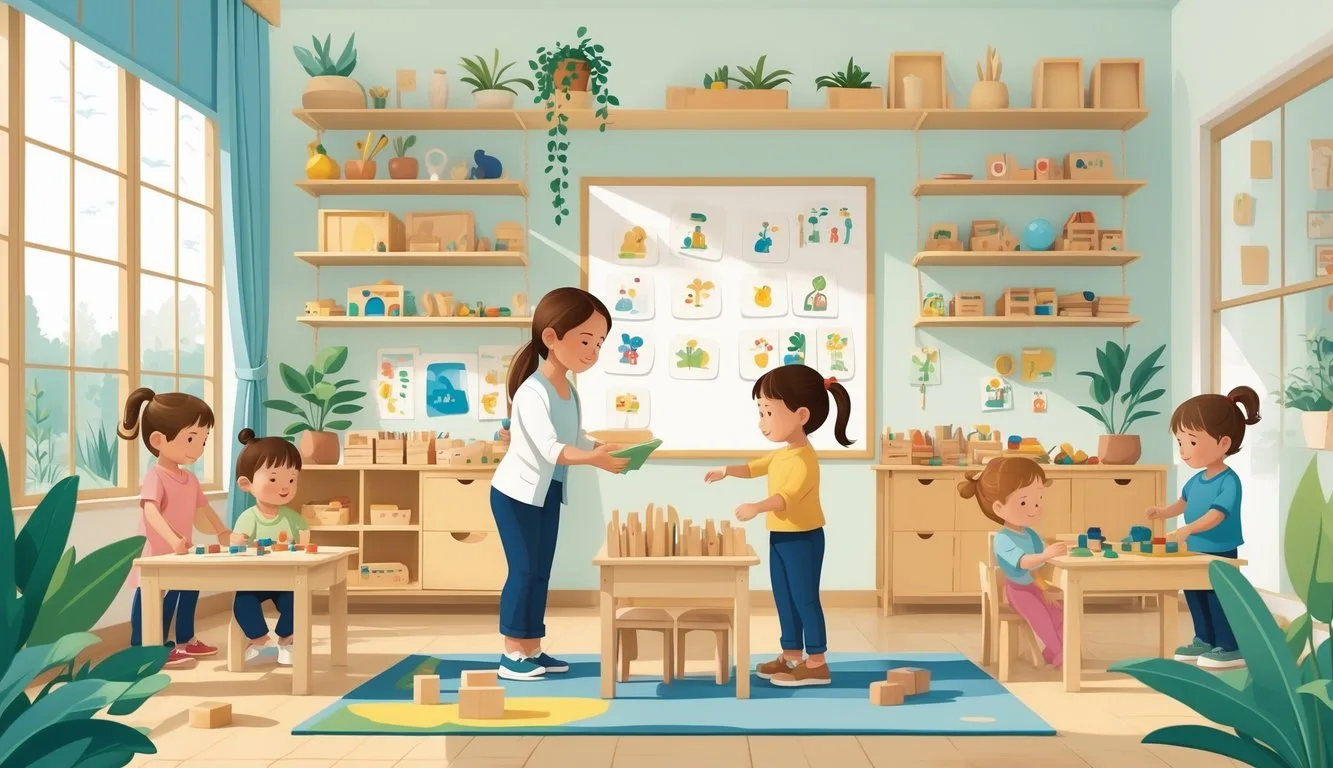 Okul öncesi sınıfta çocuklar Montessori materyalleriyle öğrenirken öğretmen rehberlik ediyor.