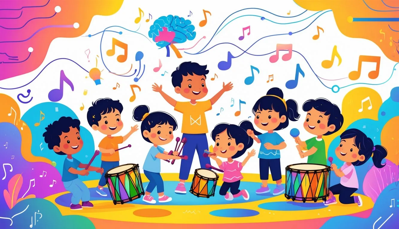 Çocukların müzik ve ritimle bilişsel gelişimlerini destekleyen, müzik aletleri çalarken neşeyle oynadıkları bir sahne.