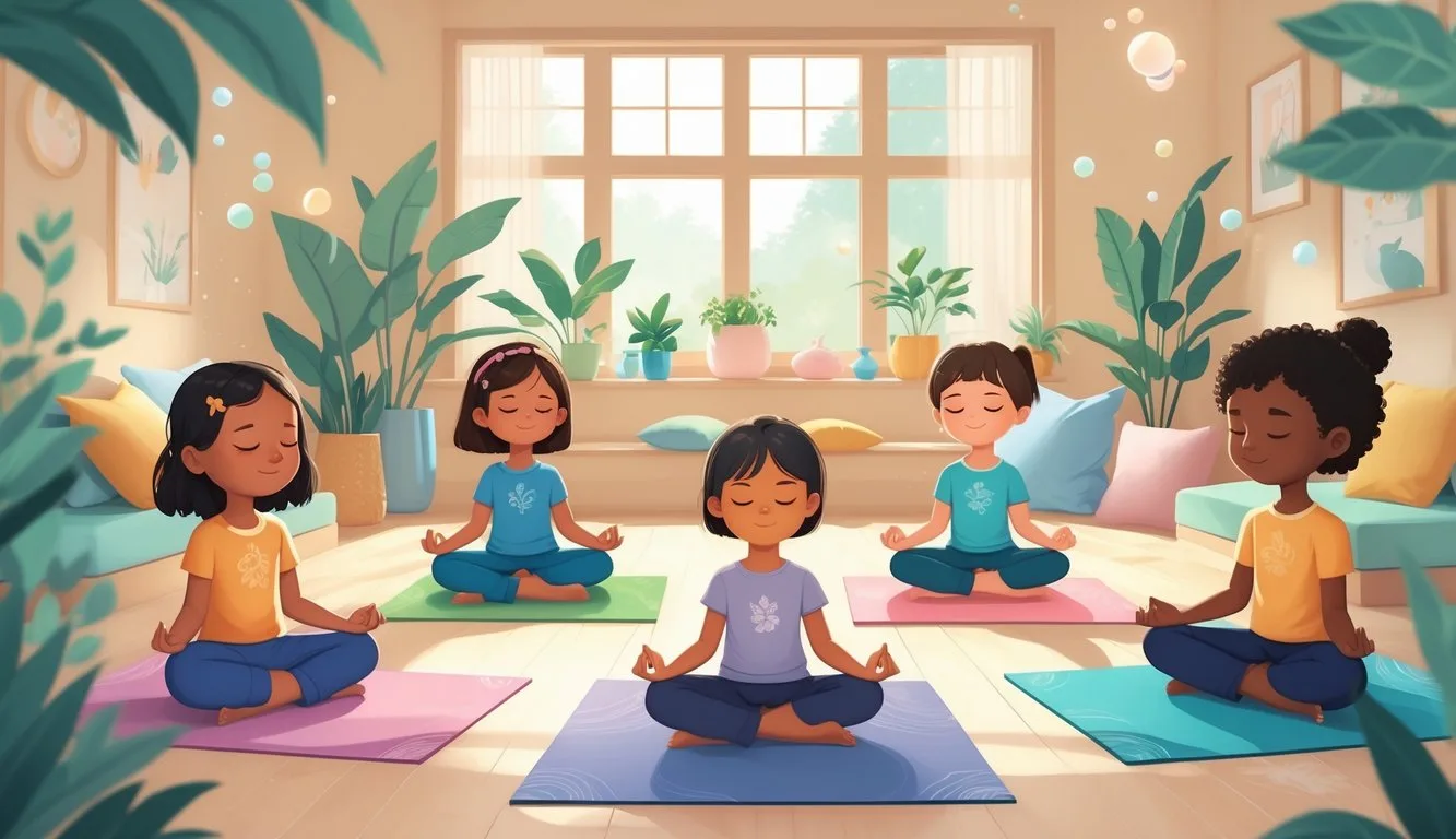 Yoga ve meditasyon yapan, sakin ve odaklanmış çocukların bulunduğu huzurlu bir iç mekan.