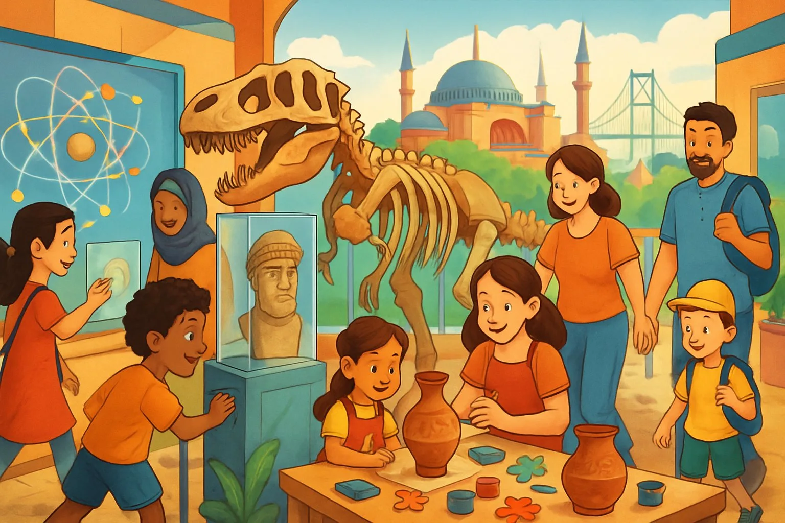 İstanbul'da çocuklarla müzeleri gezen aileler, çocuklar çeşitli sergilerle etkileşim halinde, arka planda İstanbul'un simge yapıları yer alıyor.