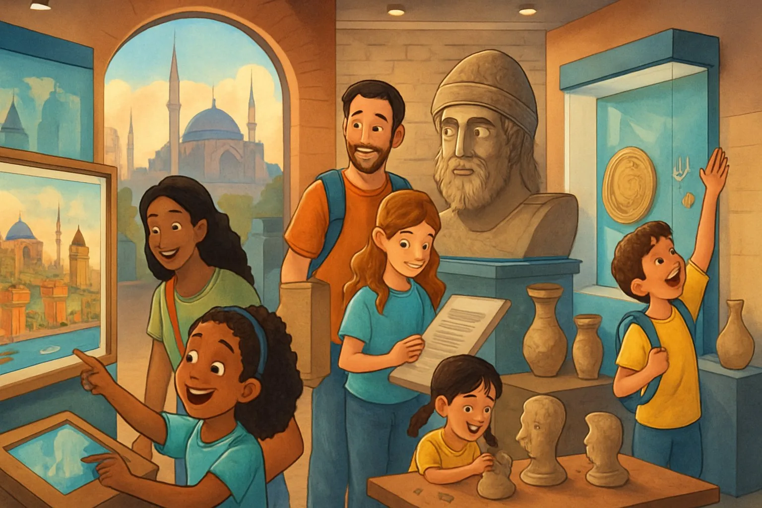 İstanbul'da bir müzede çocuklar ve aileleri sergilenen tarihi eserleri ve interaktif etkinlikleri keşfediyor.