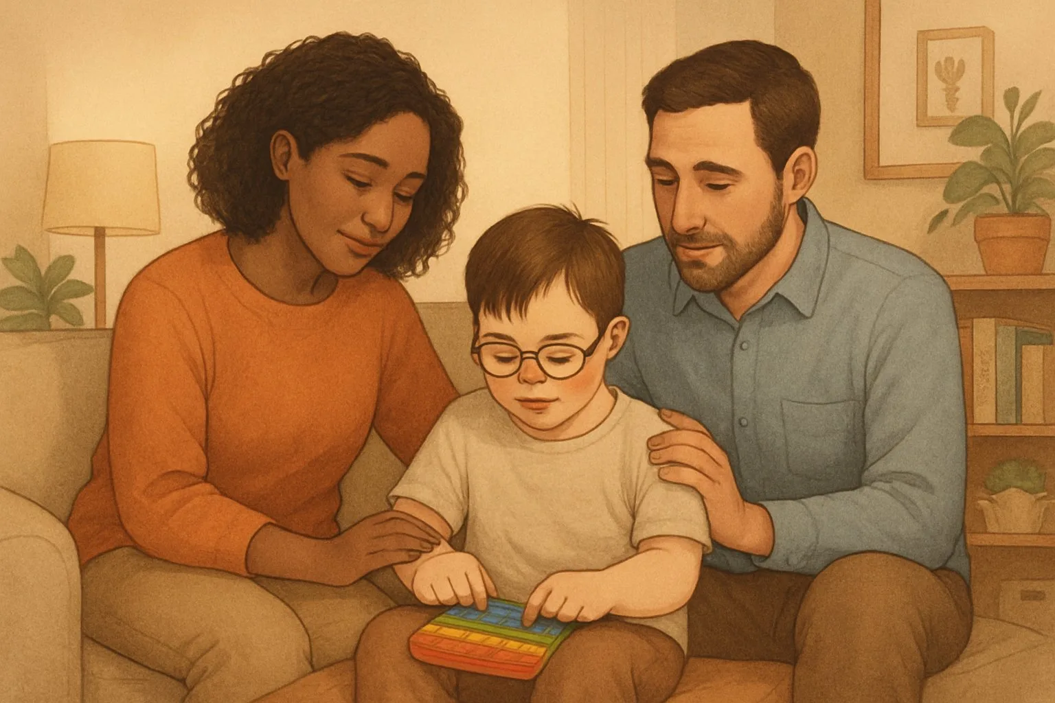 Özel gereksinimli çocuğu olan bir aile, evlerinde birlikte oturuyor, çocukla ilgileniyor ve destek oluyor.