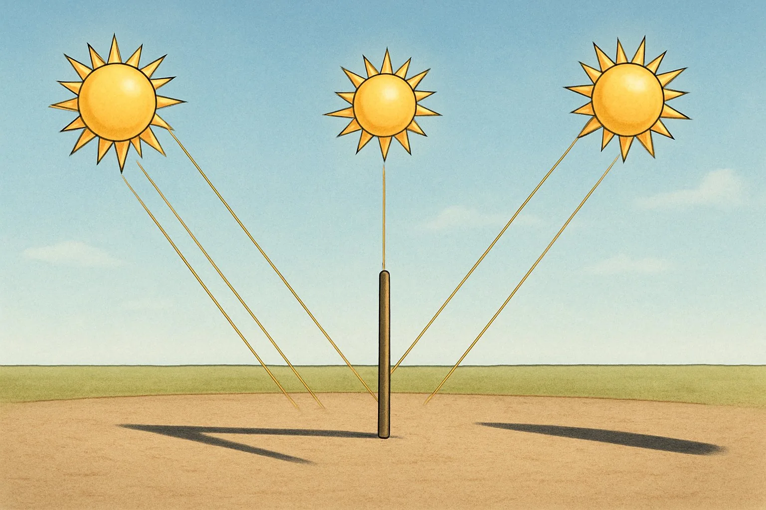 Güneşin farklı açılardan geldiği ve bir direğin gölgesinin sabah, öğle ve öğleden sonra farklı uzunluklarda olduğu açık bir dış mekan sahnesi.
