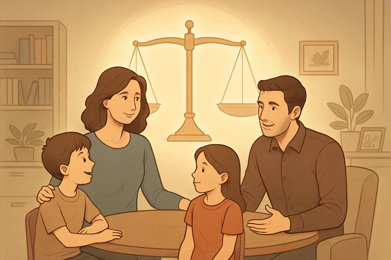 Bir anne ve baba, iki çocuklarıyla birlikte yuvarlak bir masada oturuyor, birbirleriyle sıcak ve açık bir şekilde iletişim kuruyorlar.