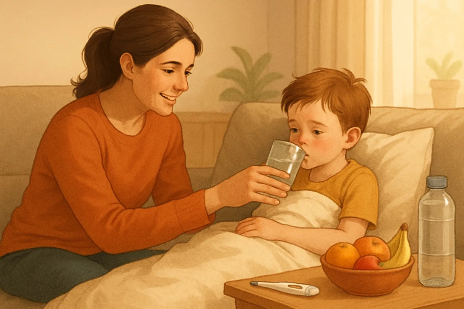 Ateşi olan çocuğa evde sıvı veren bir ebeveynin bulunduğu sakin ve rahat bir oda.