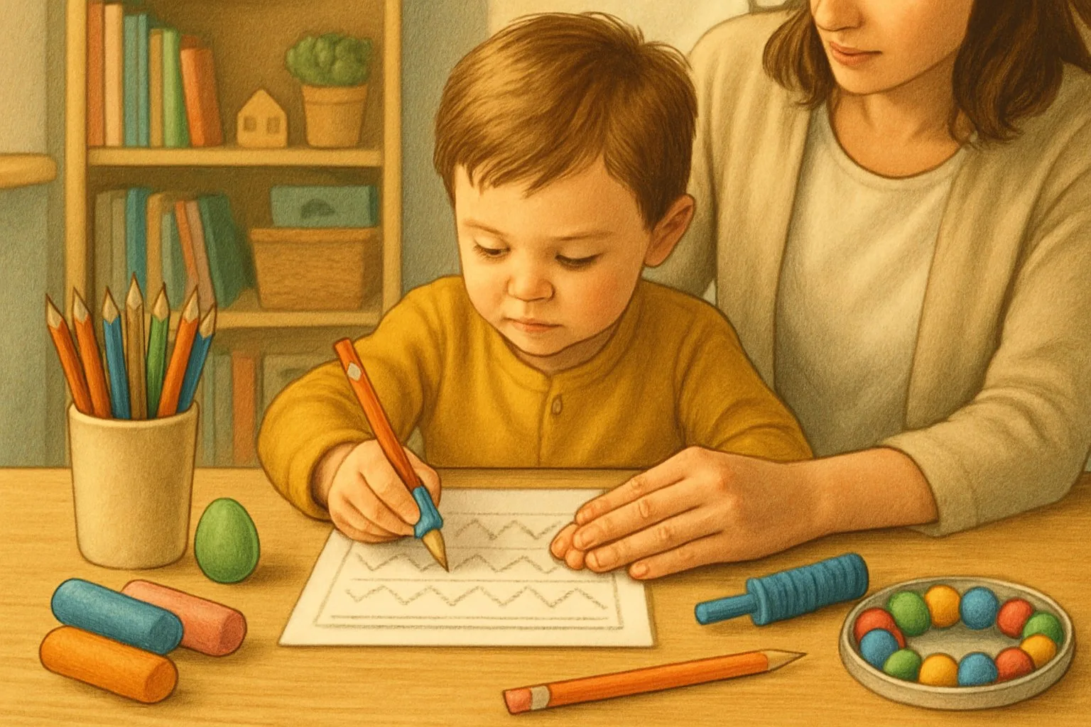 Bir çocuk, yetişkinin yardımıyla kalem tutma becerisi üzerinde çalışıyor, masada renkli kalemler ve egzersiz malzemeleri var.
