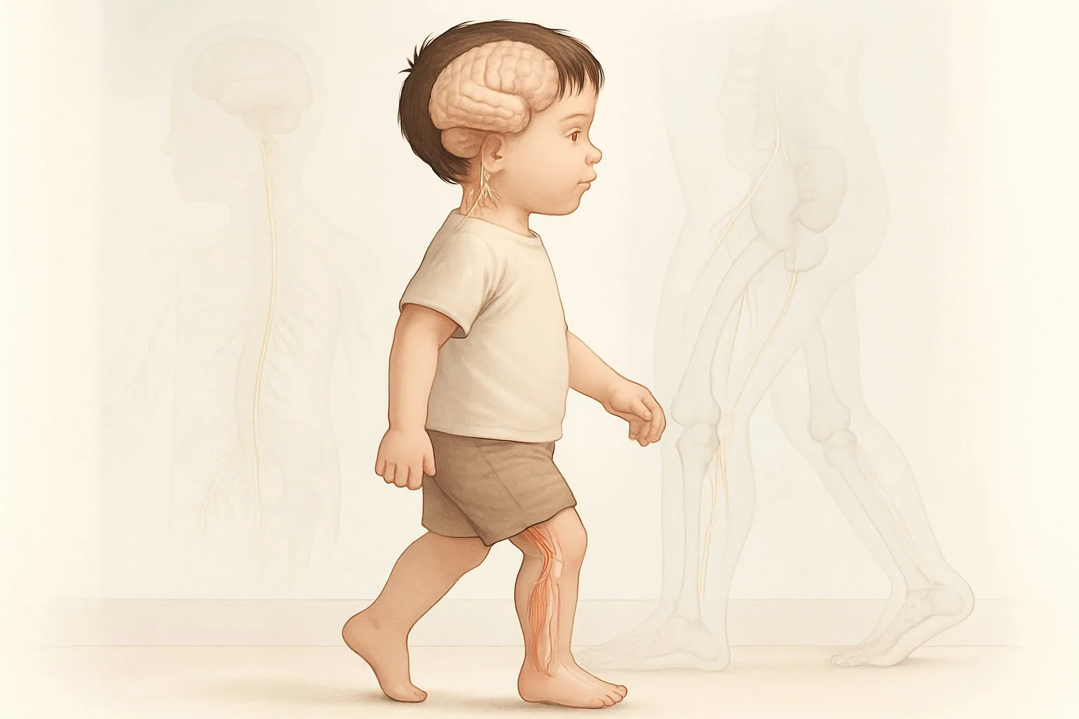 Bir çocuk parmak ucunda yürürken yan profilden görünmekte, çevresinde sinir ve kas sistemlerini gösteren şeffaf anatomik çizimler bulunmaktadır.