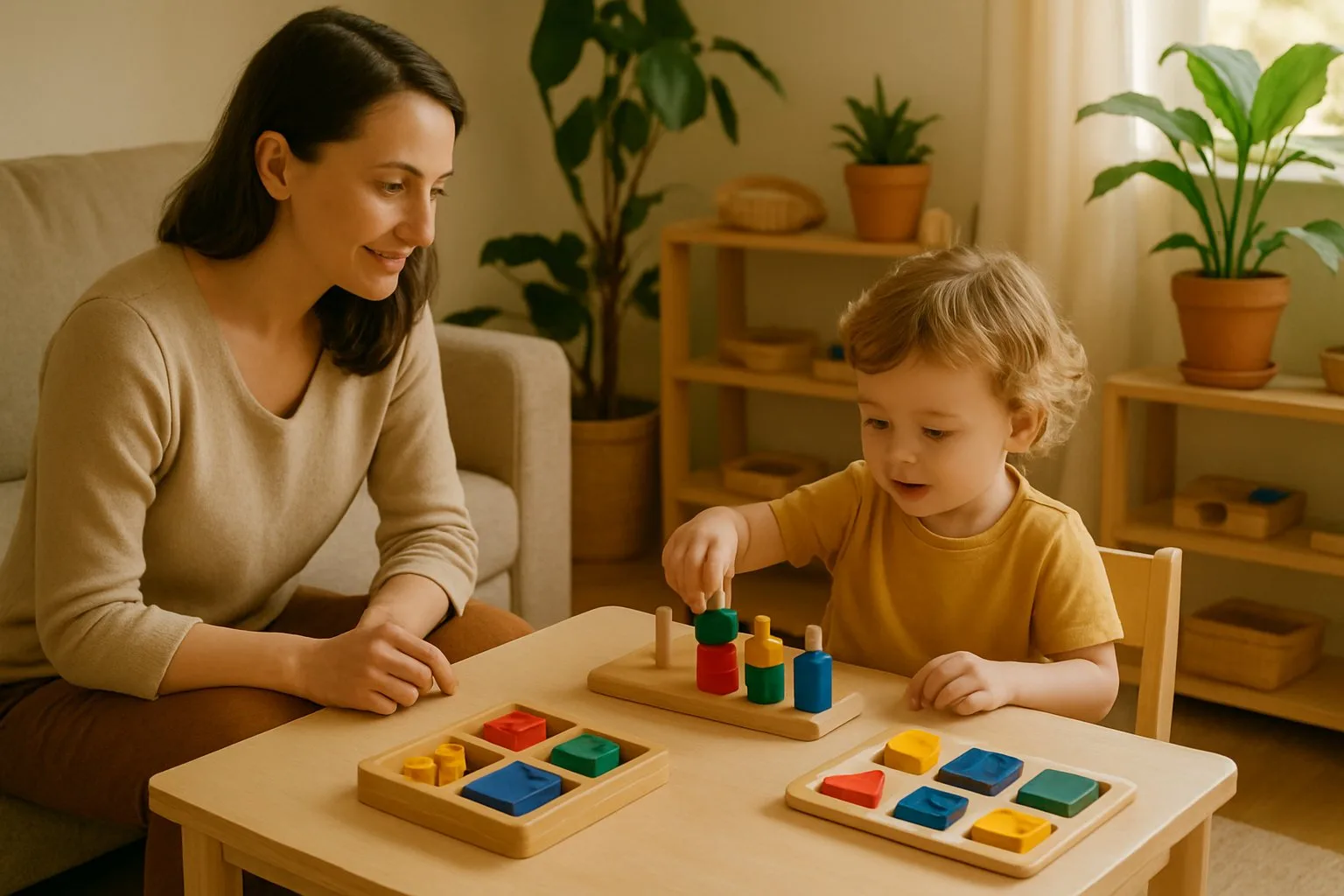 Evde Montessori aktiviteleriyle meşgul olan 3 yaşında bir çocuk ve onu nazikçe izleyen bir yetişkin.