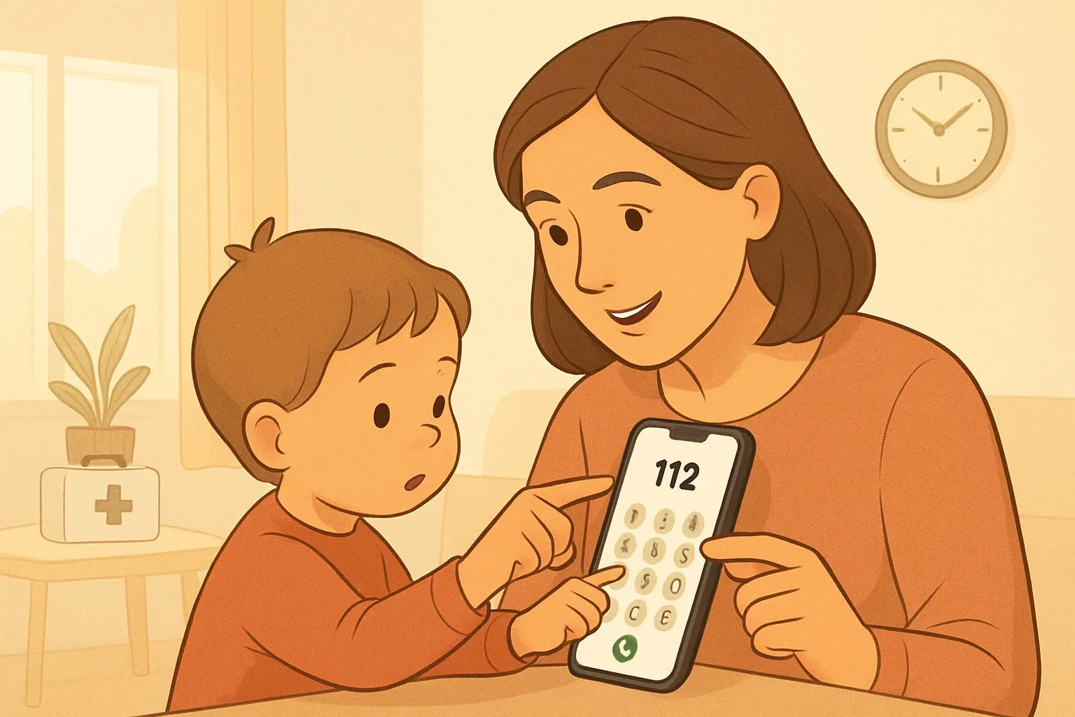 Bir yetişkin, bir çocuğa evde telefonla acil durum numarasını aramayı öğretiyor.